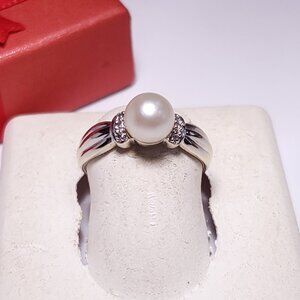 Estate 6.9mm Natural Cultured Pearl &Diam 14Kt White Gold Shrimp sides Ring22703